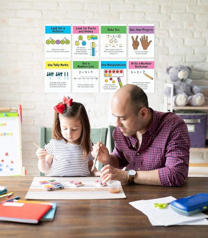 Carson Dellosa 14-Piece Mathematics Strategy Posters, 8.5" x 11" Wall Art Ten Frame, Counting, Number Line, Math Manipulatives, Facts, and More Strategies, Classroom Decor and Teacher Supplies