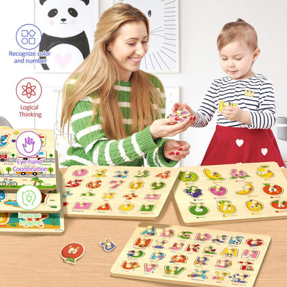 Wooden Peg Puzzles for Toddlers 2-4, 6 Pack Educational Peg Puzzles Montessori Toys, Learning Puzzles for Kids Girs Boys 1-3 3-5 with Alphabet Number Animal Vehicle Shape