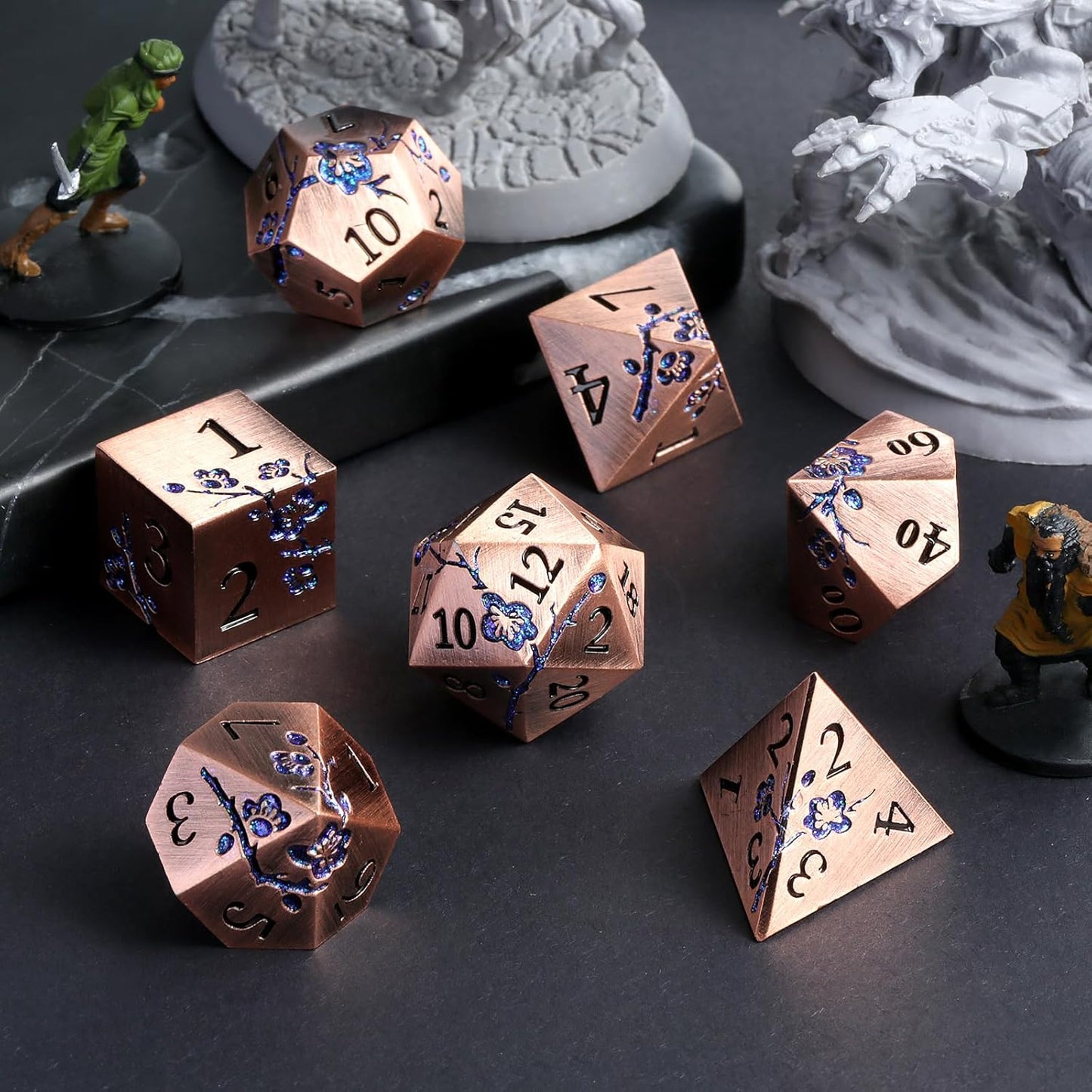 DnDnD Heavy Polyhedral Metal Dice Set with Metal Box, 7-die Shiny Blue Surface with Golden Number for RPG,Dungeons and Dragons,Pathfinder,Shadowrun,D&D,Role Palying Game and Math Teaching - Colors B