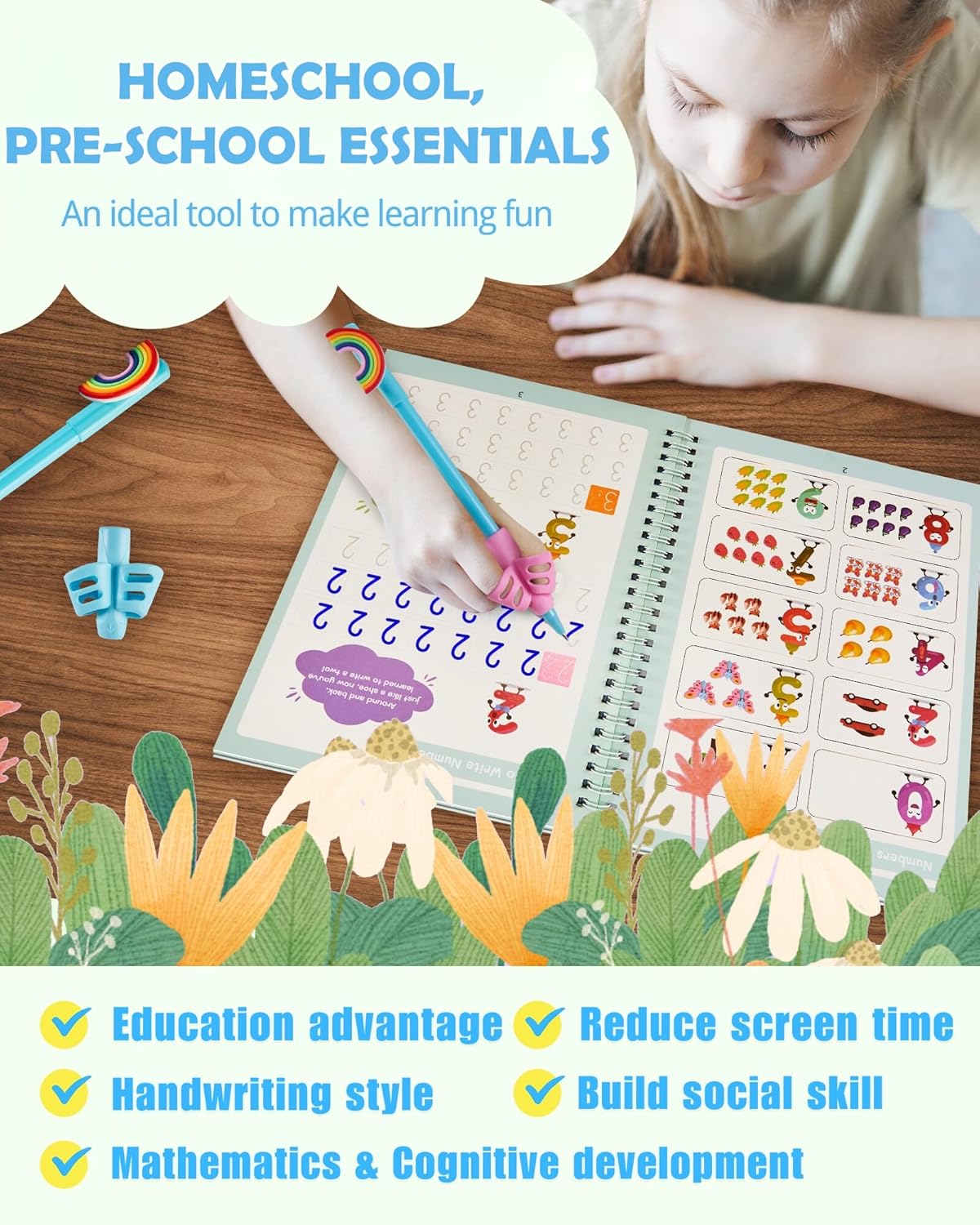 Large Magic Handwriting Practice Workbooks, Reusable Grooved Handwriting Practice for Kids 3-8, Toddler Writing Practice, Math Calligraphy, Letter Tracing, for Kindergarten Preschool, The Fun Kit