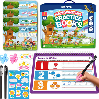 Magic Grooved Writing Practice for Kids Ages 3-8 – Large 11.2"x7.5" Reusable Handwriting Workbook (5 Books) – Preschool Learning Activities, Kindergarten Educational Tracing Toys for Boys & Girls