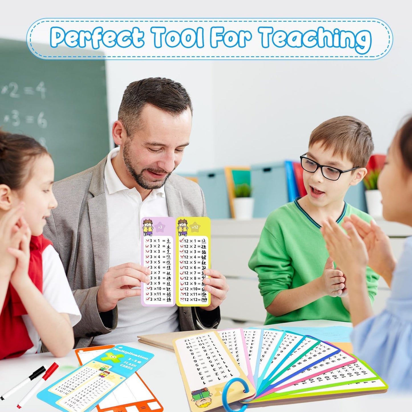 1-12 Multiplication Flash Cards, Large Math Table Flashcards, Including 15 Cards, 2 Dry Erase Markers, 1 Rings, Educational Times Table Flashcards for Classroom Home, for 1st to 3rd Grades