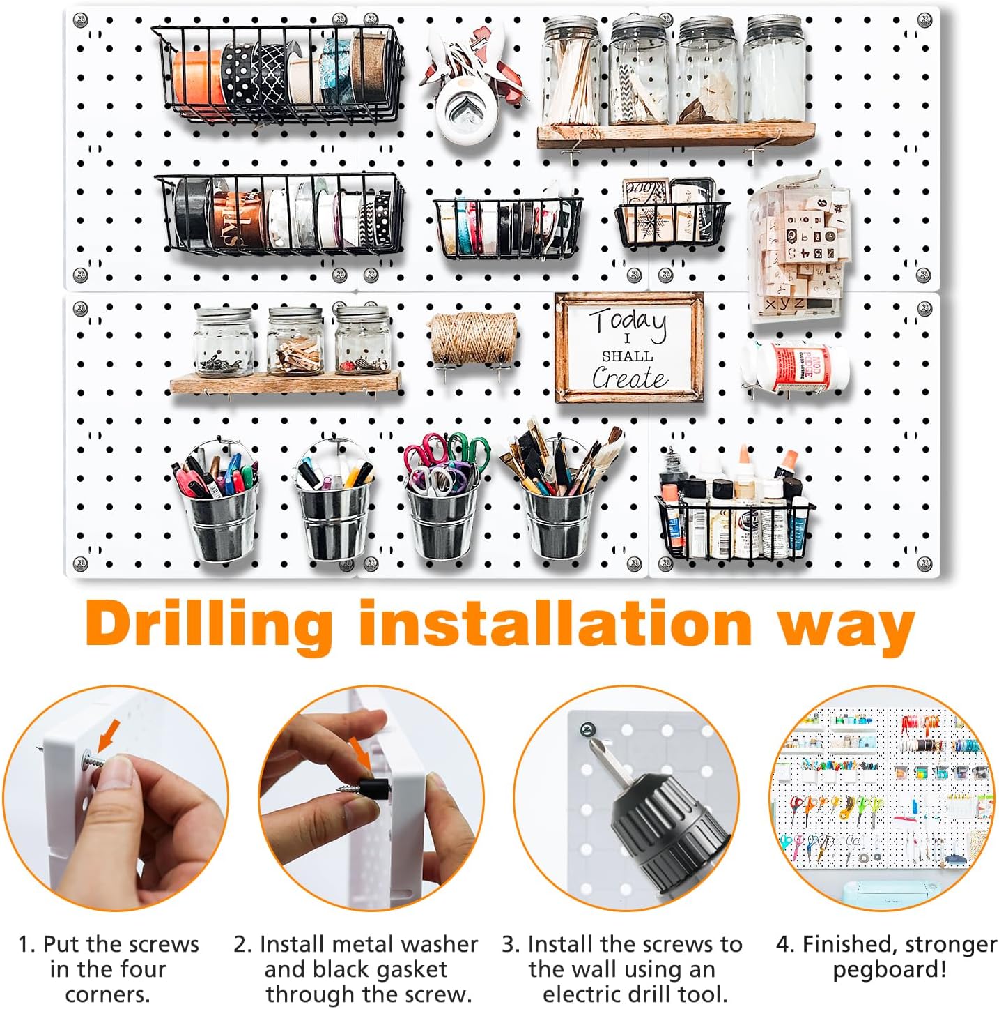 6Pcs Pegboard, Peg Board, Pegboard Wall Organizer, Mount Display Pegboard Kits fit Pegboard Storage, Small Pegboard for Craft Room Garage Kitchen, Peg Boards for Walls - White Pegboards Panels
