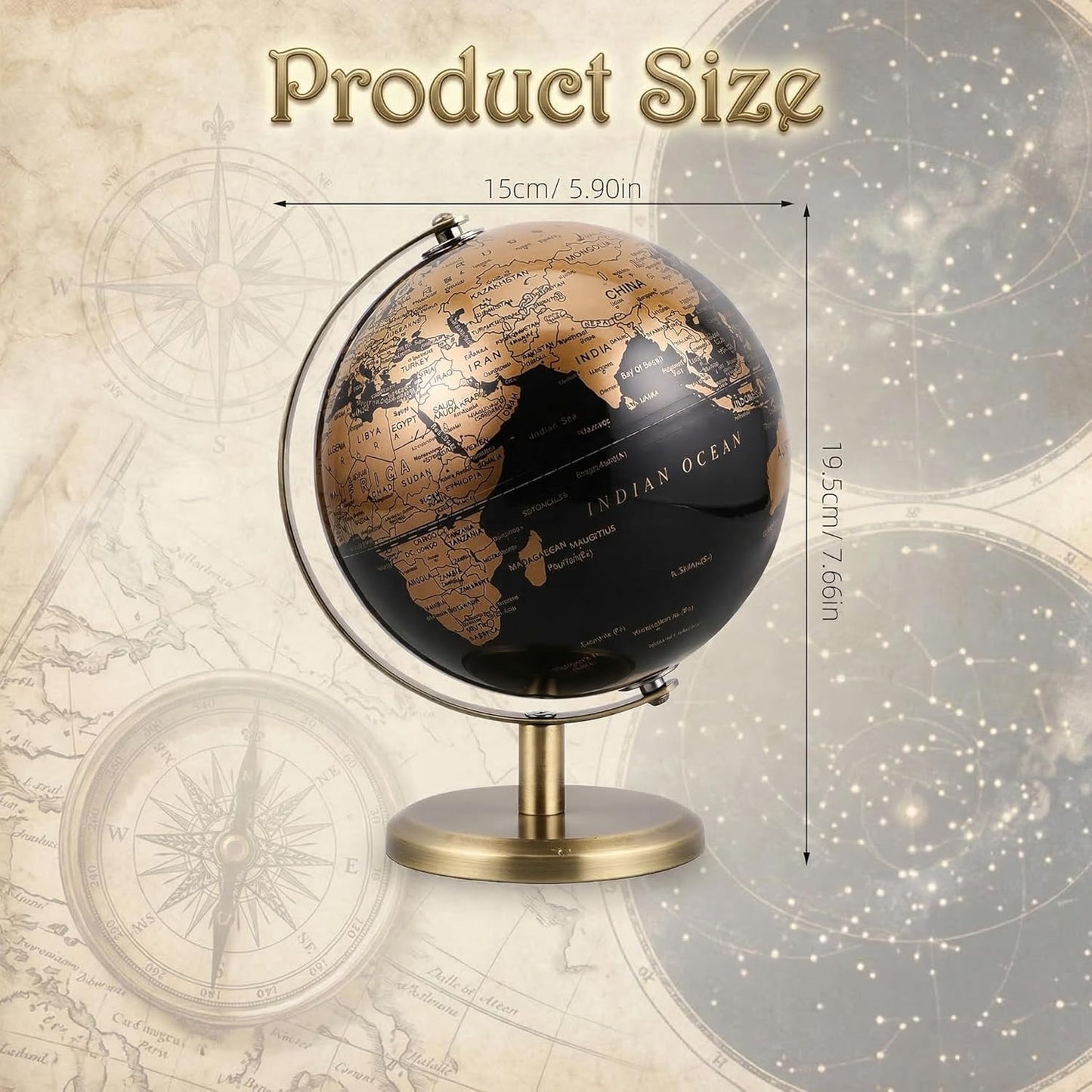 6 Inch Small World Globe with Antique Bronze Stand Black Gold Earth Desktop Decor for Kids & Adults Geography Learning Globe for Home Office Classroom