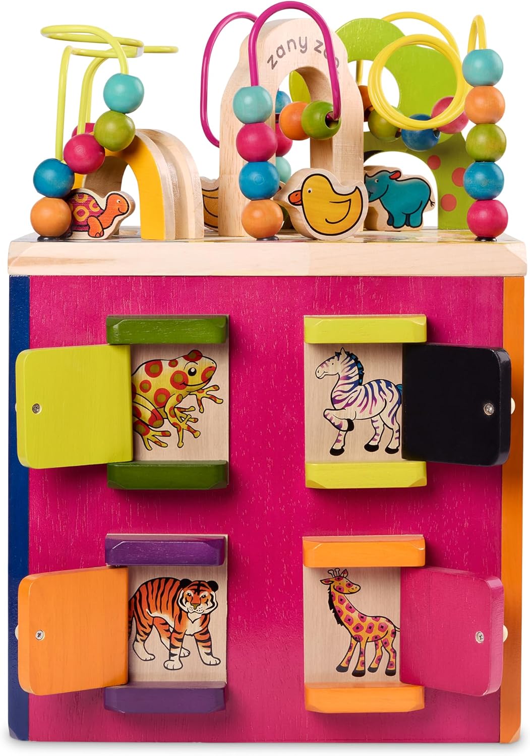 B. toys – Tabletop Activity Cube – Educational Storybook Included – Wooden Shape Sorter, Bead Maze, Animal Tiles – Top Flips for Compact Storage – 12+ Months – Lil' Learning Cube