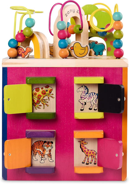 B. toys – Tabletop Activity Cube – Educational Storybook Included – Wooden Shape Sorter, Bead Maze, Animal Tiles – Top Flips for Compact Storage – 12+ Months – Lil' Learning Cube