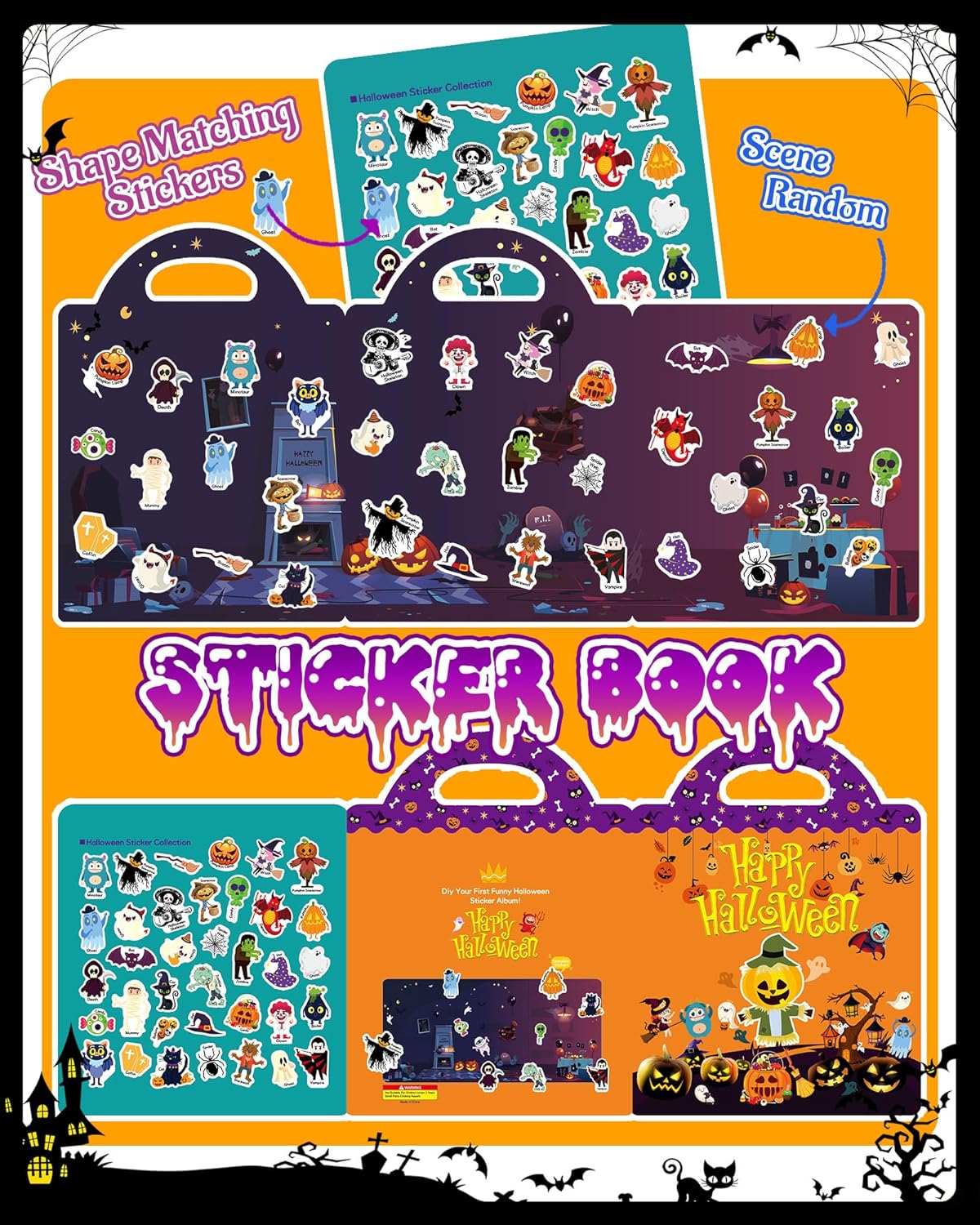 Halloween Sticker Books for Kids, Reusable Sticker Books for Toddlers, Halloween Travel Toys Acticities Crafts Birthday Gifts for Boys Girls Kids