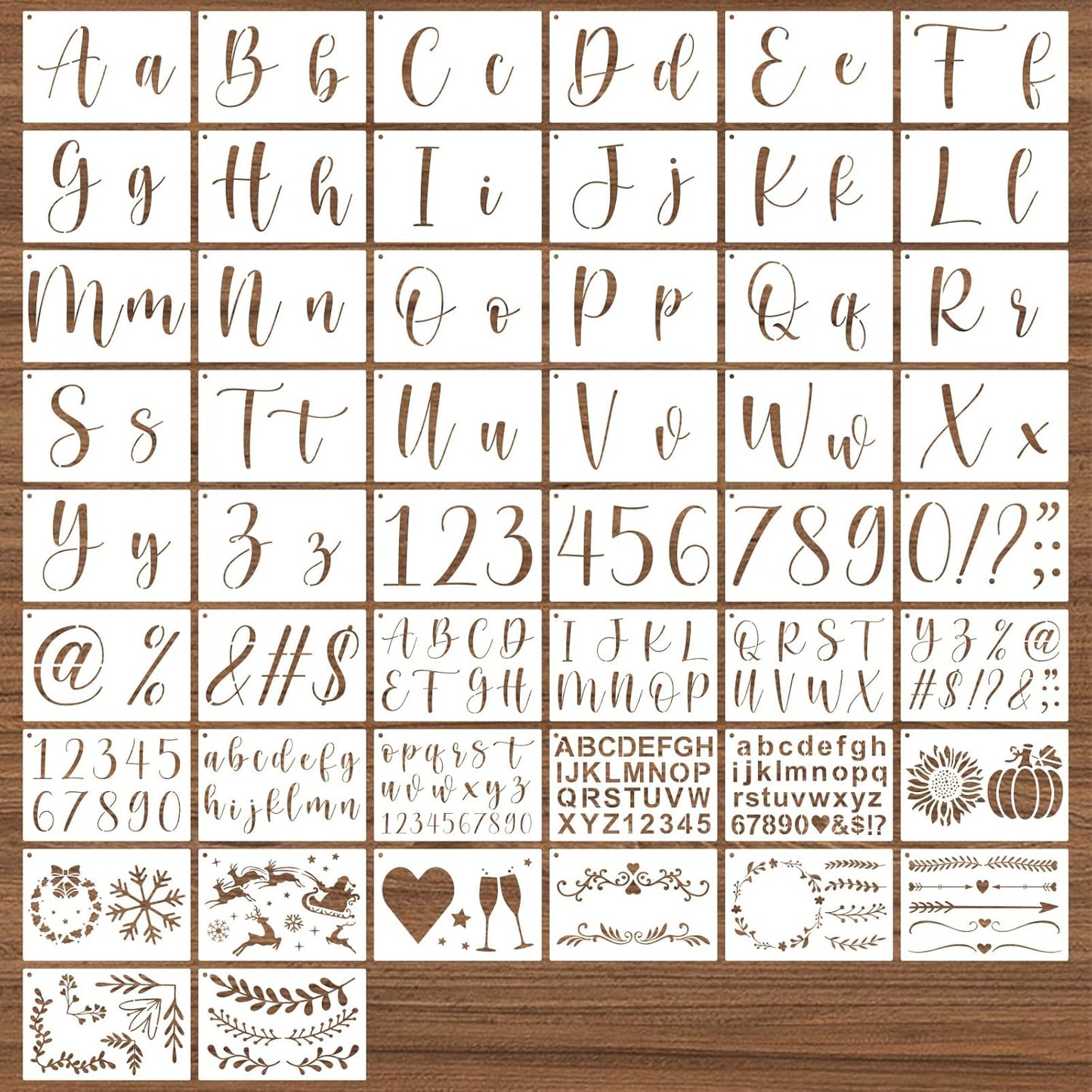BAMIDELE Letter Stencils for Painting on Wood, 50 Pcs Calligraphy Alphabet Drawing Templates with Numbers, Signs, Flowers, Reusable Cursive Plastic Art Craft Stencils