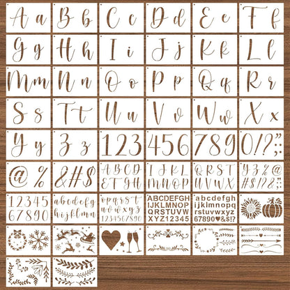 BAMIDELE Letter Stencils for Painting on Wood, 50 Pcs Calligraphy Alphabet Drawing Templates with Numbers, Signs, Flowers, Reusable Cursive Plastic Art Craft Stencils