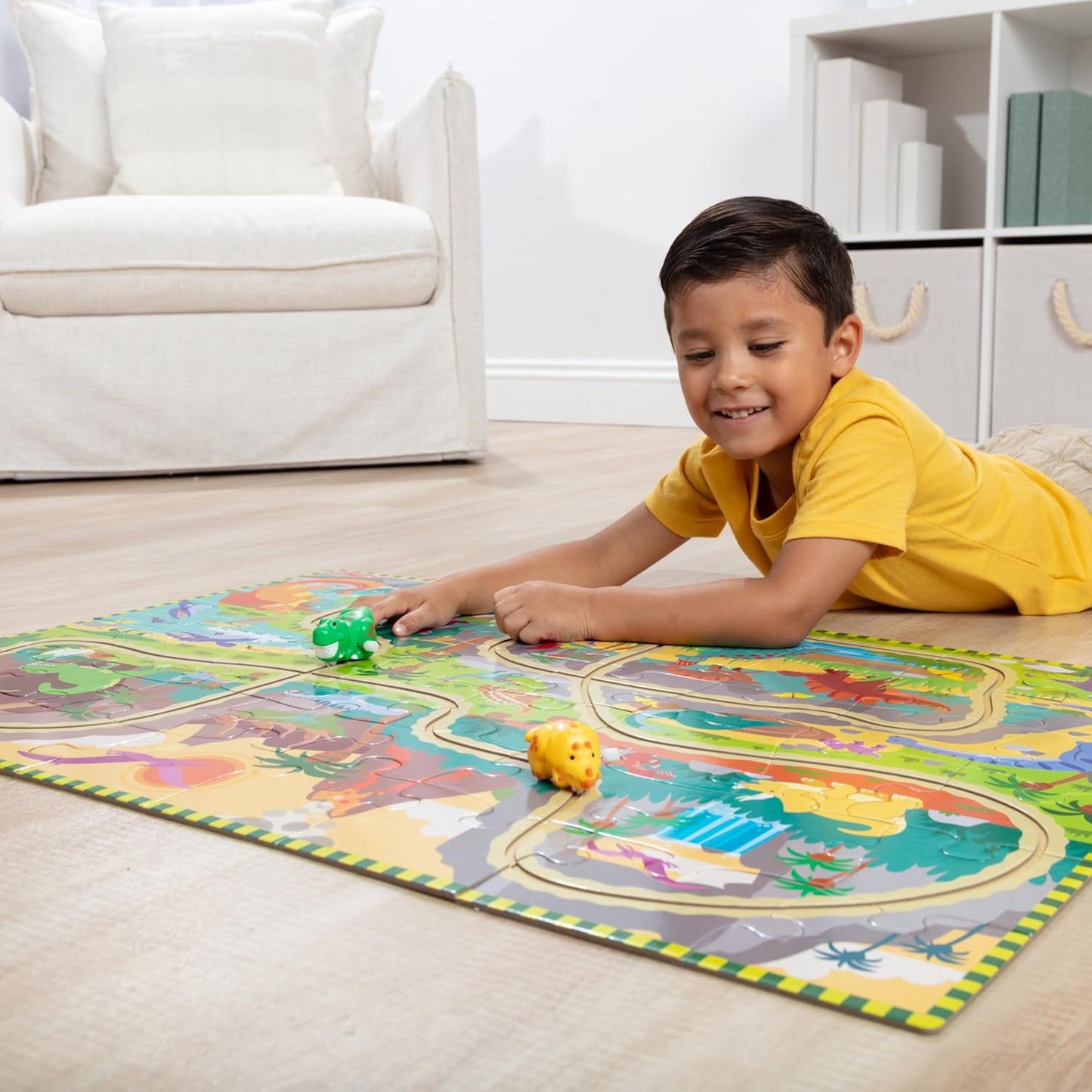 Melissa & Doug Dinosaur Adventure Tracks Cardboard Jigsaw Floor Puzzle and 2 Wind-Up Dinos – 48 Pieces, for Boys and Girls 3+