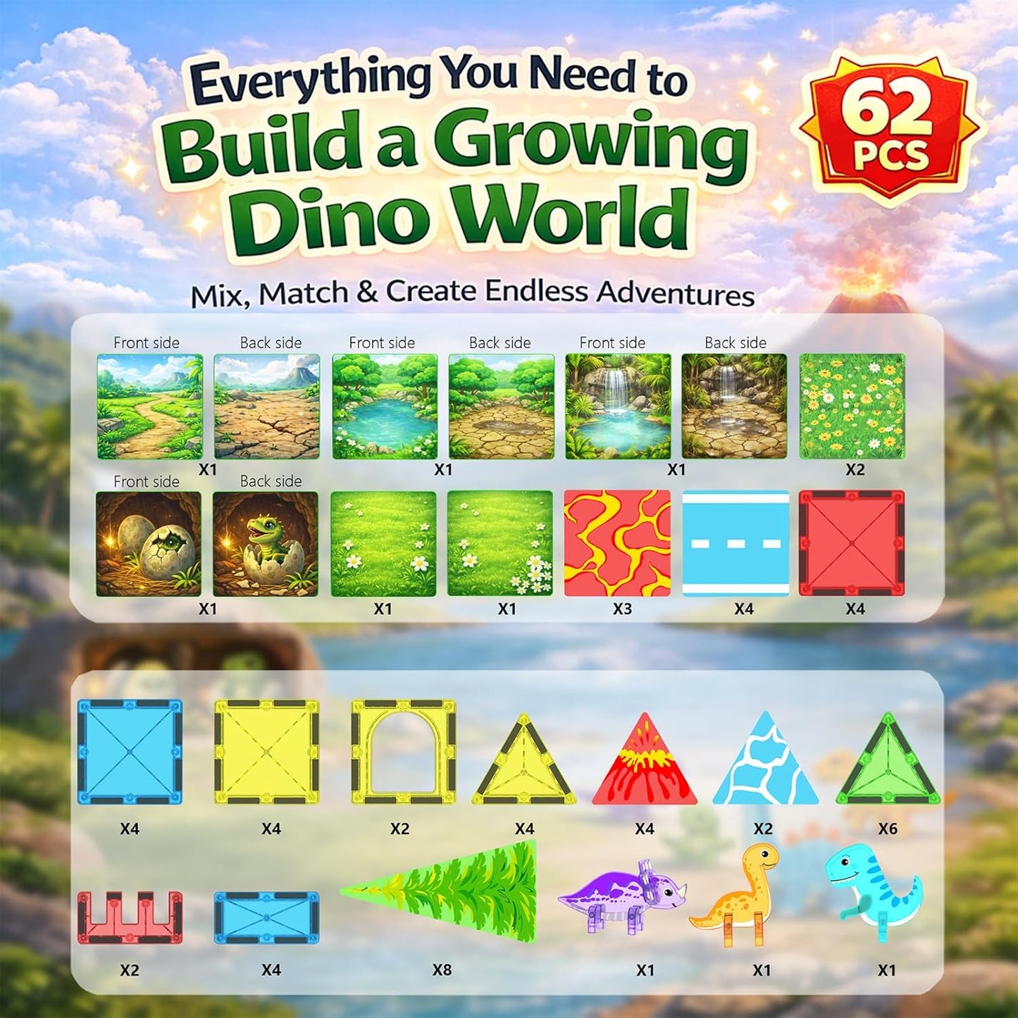 LATI Magnetic Tiles Dinosaur Building Set, Dino World Magnet Blocks with Double-Sided Egg Hatch Story, STEM Construction Toy for Kids Ages 3+, Educational Gift for Boys & Girls