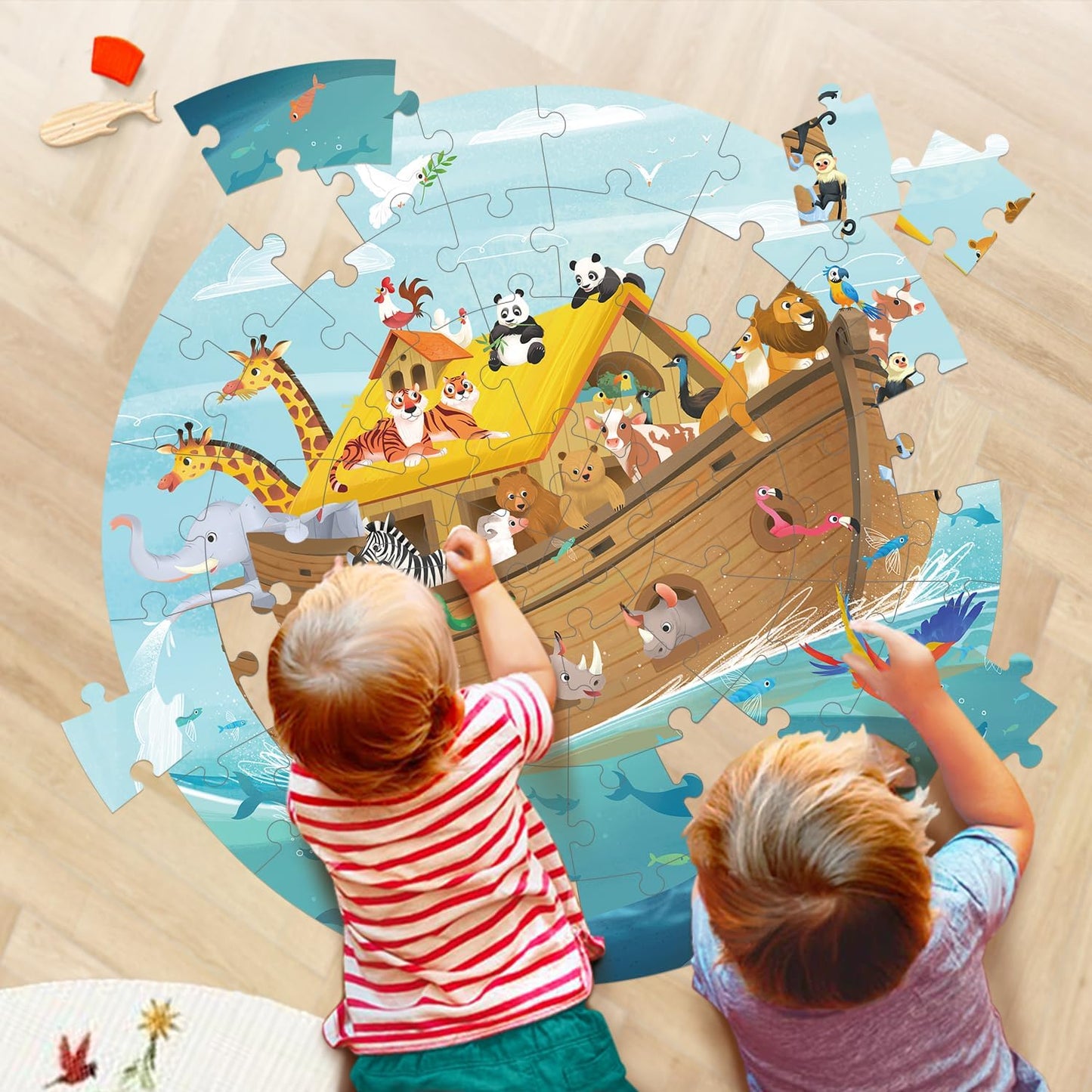 Wooden Noah's Ark Puzzle for Kids Ages 4-8, Large 48 Piece Round Floor Puzzles for Kids Ages 3-5, Christian Bible Religious Wooden Jigsaw Puzzle for 3 4 5 6 7 8 Year Old