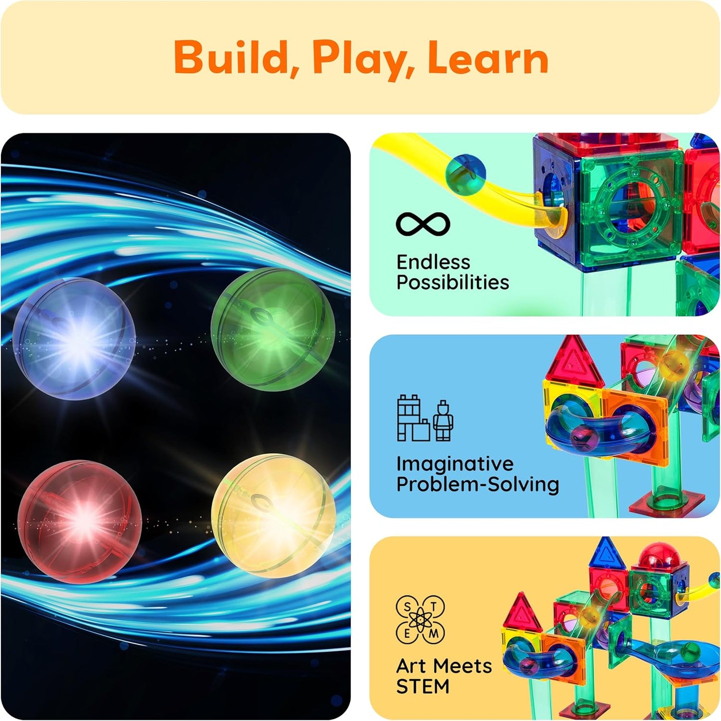 PicassoTiles 70pc Marble Run Magnetic Tiles STEM Set for Kids Ages 3 and Older Magnet Tile Marbles Maze Building Blocks Brain Development Toy Preschool Educational Learning Construction Playset PTG70
