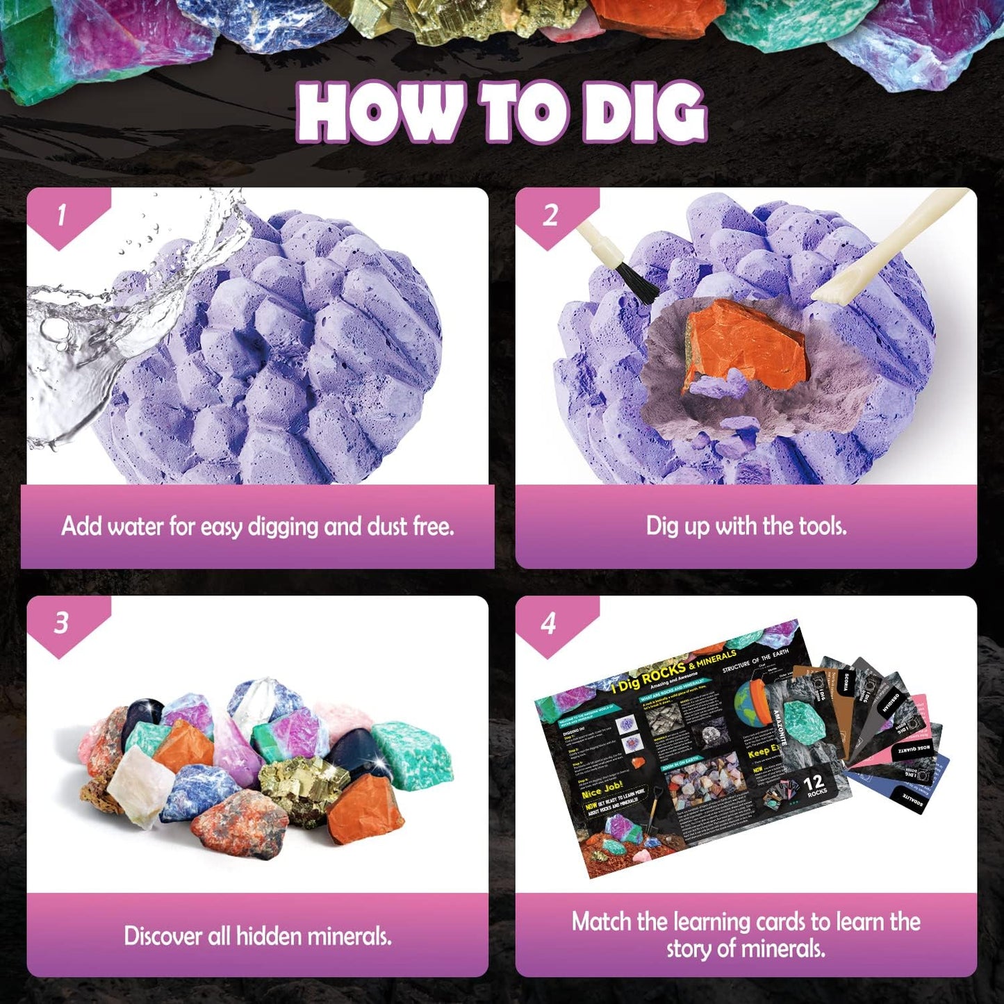 Gamerside Mineral Mining Kit Gem Dig Kit,Rock Dig Kit Dig up 12 Rock & Mineral Collection Gemstones & Crystals Diamond Mining Kit for Kids Gemology Mining Gift Rocks Minerals for Boys Girls