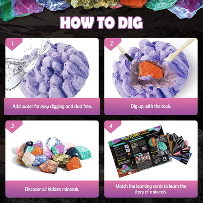 Gamerside Mineral Mining Kit Gem Dig Kit,Rock Dig Kit Dig up 12 Rock & Mineral Collection Gemstones & Crystals Diamond Mining Kit for Kids Gemology Mining Gift Rocks Minerals for Boys Girls