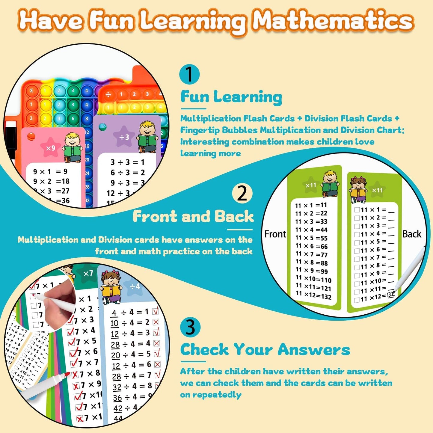 Multiplication Flash Cards + Division Flash Cards + Fingertip Bubbles Toy, Interesting Math Combination, Math Games for Children Aged 3 +