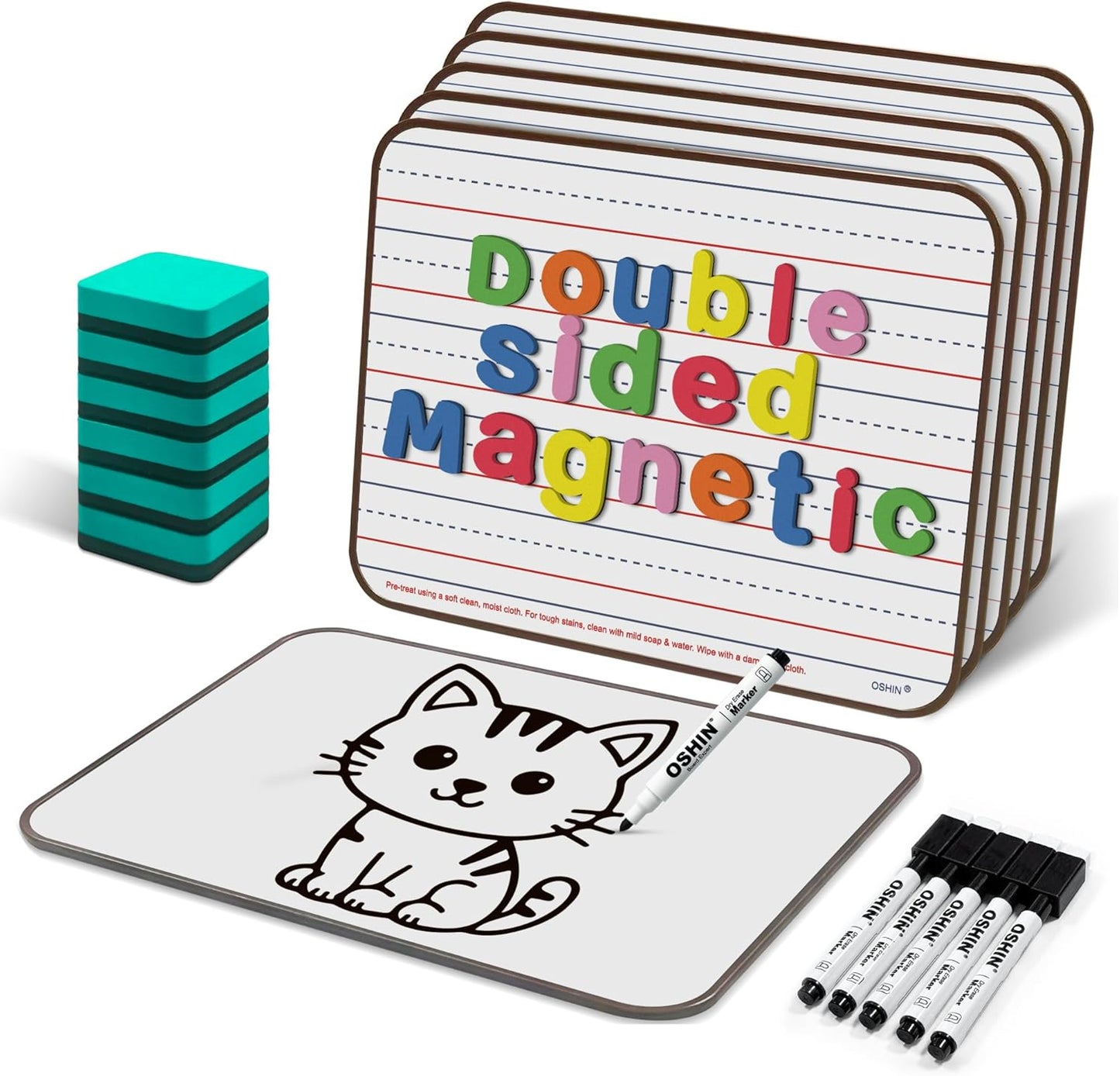 6 Pack Small White Boards, 9"x12" Double Sided Magnetic Dry Erase Boards Personal Handheld Whiteboards with Lines for Kids, Students, Teacher School, Include 6 Markers, 6 Erasers, 6X52 Pcs Letters