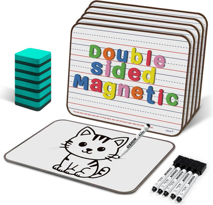 6 Pack Small White Boards, 9"x12" Double Sided Magnetic Dry Erase Boards Personal Handheld Whiteboards with Lines for Kids, Students, Teacher School, Include 6 Markers, 6 Erasers, 6X52 Pcs Letters