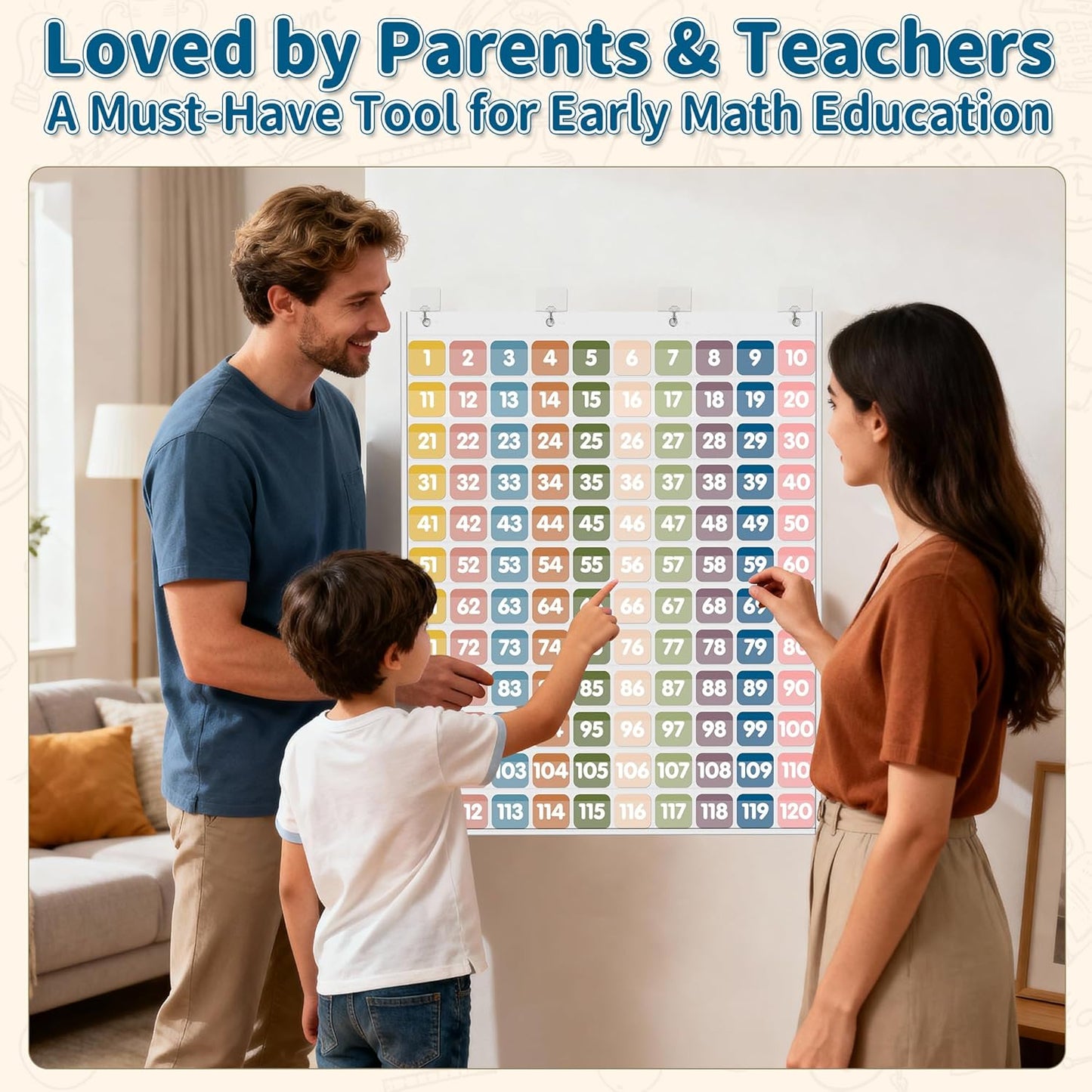 Yoink 100 Pockets Number Chart with 120 Double-Sided Number Cards, Boho Hundred Pocket Chart for Classroom Homeschool Teachers Kids Learning, Pink