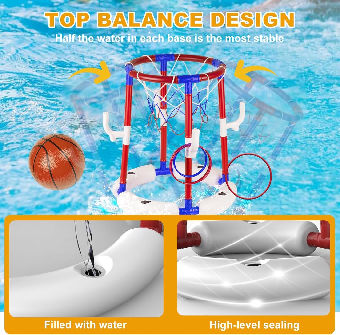 Taotuo Red Floating Pool Basketball Hoop, 2-in-1 Basketball & Ring Toss Game with 4 Balls, 6 Rings&Pump, Summer Pool Toys Outdoor Water Fun Family Party for Age 3-12