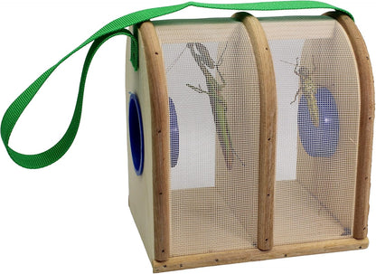 Wooden Bug Box for Kids, Dual Chamber Insect Habitat with Nylon Carrying Strap
