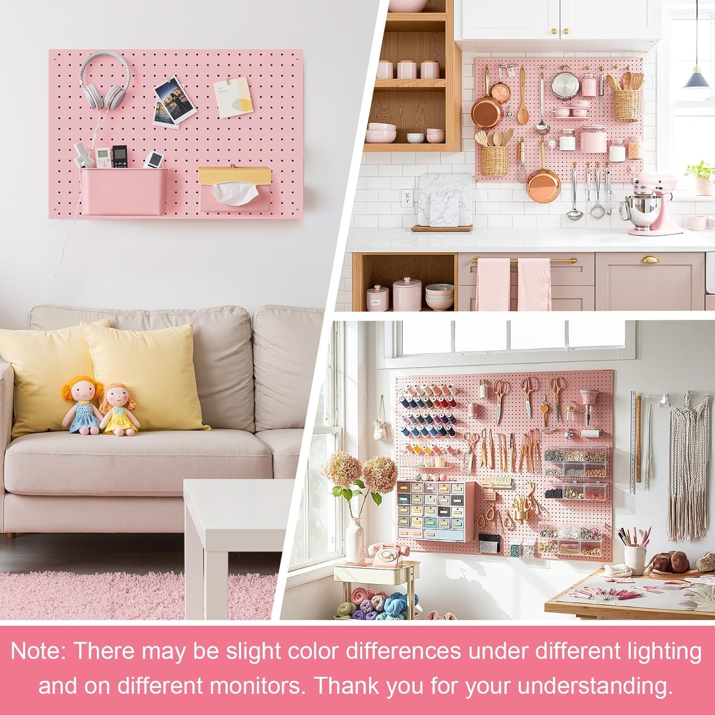 Peg Board, 2 Pack Metal Pegboard Panels Pink Pegboards Wall Organizer with Frame Large Heavy Duty Peg Board with Hooks for Walls Home,Garage Tool Storage,Office Organization,Kitchen 24”×16”