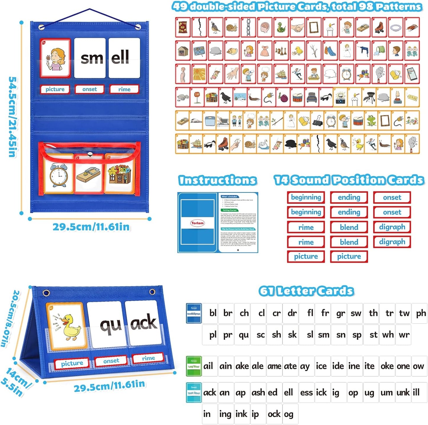 Torlam Blends & Digraphs Pocket Chart, Onset Rime Phonics Games Sight Word Flash Cards, Educational Spelling Reading Learning Blending Board, Elementary Kindergarten Classroom Teachers Must Haves