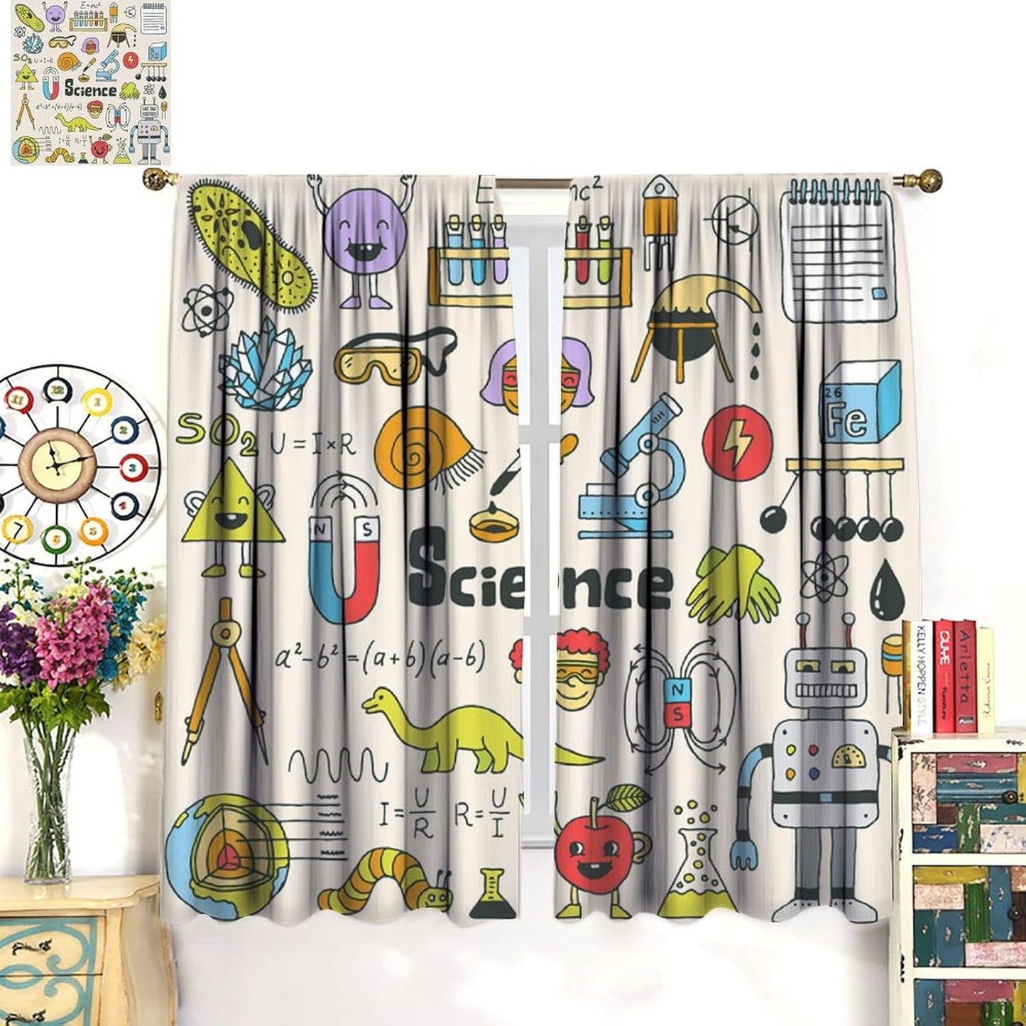 Science Physics Window Curtains, Abstract Math Chemistry Curtain Scientist Graffiti Print Window Treatments for Kids Teens Bedroom Living Room Kitchen Set 2 Panels,42x63 Inches