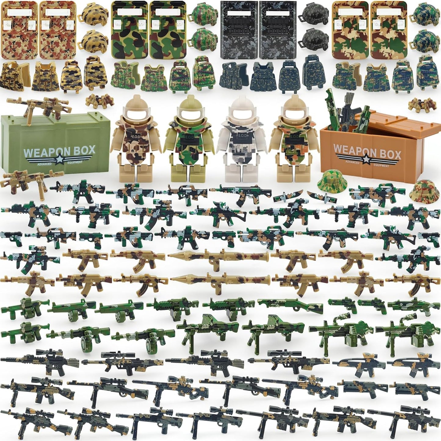 Military Minifigure Camouflage Accessories Set with Weapon Boxes, Army Weapons Guns Helmets E.O.D Suits Shields Tactical Gear Building Blocks Soldiers Kit for Kids Compatible with Major Brands