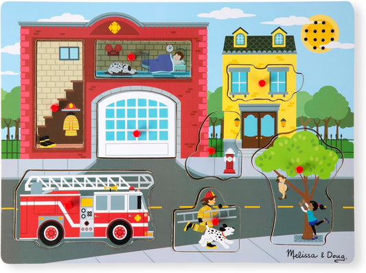 Melissa & Doug Around The Fire Station Sound Puzzle - Wooden Peg Puzzle (8 pcs)