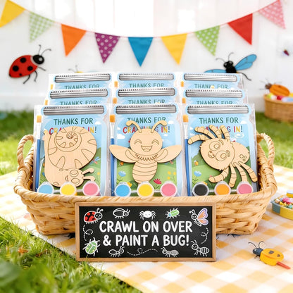 BOIKOKY 12 Pack Bug Party Favors for Kids - Individually Wrapped Paint Your Own Wooden Magnet Craft Kits with Thank You Card, Insect Birthday Party Supplies for Preschoolers
