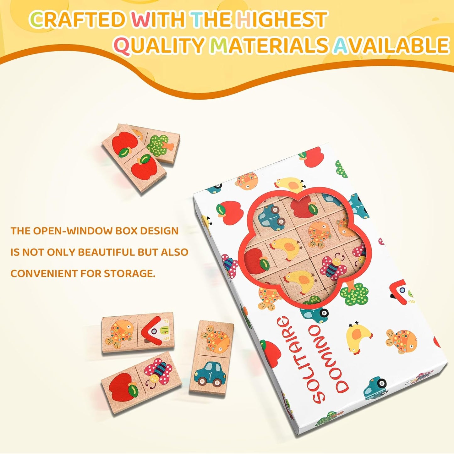 28 Pcs Wooden Domino Puzzle Game - Multicolor Fruit & Animal Design, Educational Family Logic and Thinking Skill Development Toy, Children's Dominoes with Pictures, Gifts for Preschool and Age 3+