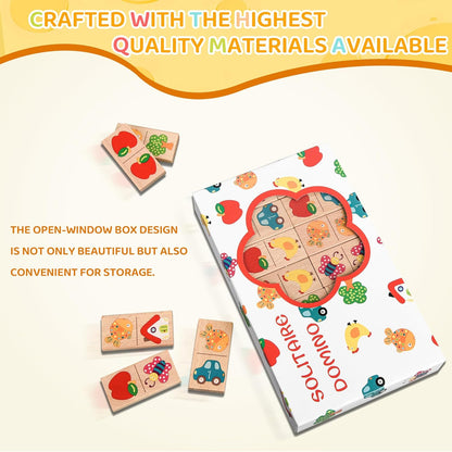 28 Pcs Wooden Domino Puzzle Game - Multicolor Fruit & Animal Design, Educational Family Logic and Thinking Skill Development Toy, Children's Dominoes with Pictures, Gifts for Preschool and Age 3+