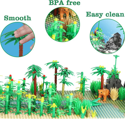 Jungle Trees Building Bricks with 2 Base Plates (10 x 10 inch),Rainforest Plants Flowers Bushes Animals Kit, Botanical Parts Scenery Toys for Kids and Adults