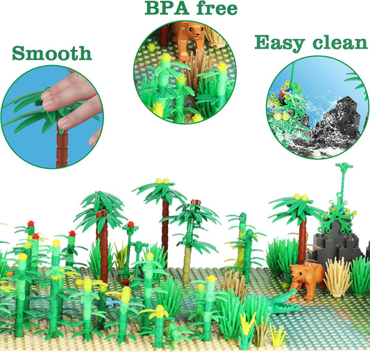 Jungle Trees Building Bricks with 2 Base Plates (10 x 10 inch),Rainforest Plants Flowers Bushes Animals Kit, Botanical Parts Scenery Toys for Kids and Adults