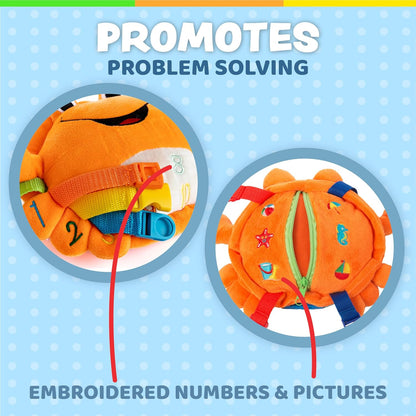 Buckle Toys - Barney Crab Stuffed Animal - Montessori Learning Toy for Toddlers - Develop Motor Skills and Problem Solving - Great Car Trip Activities for Kids