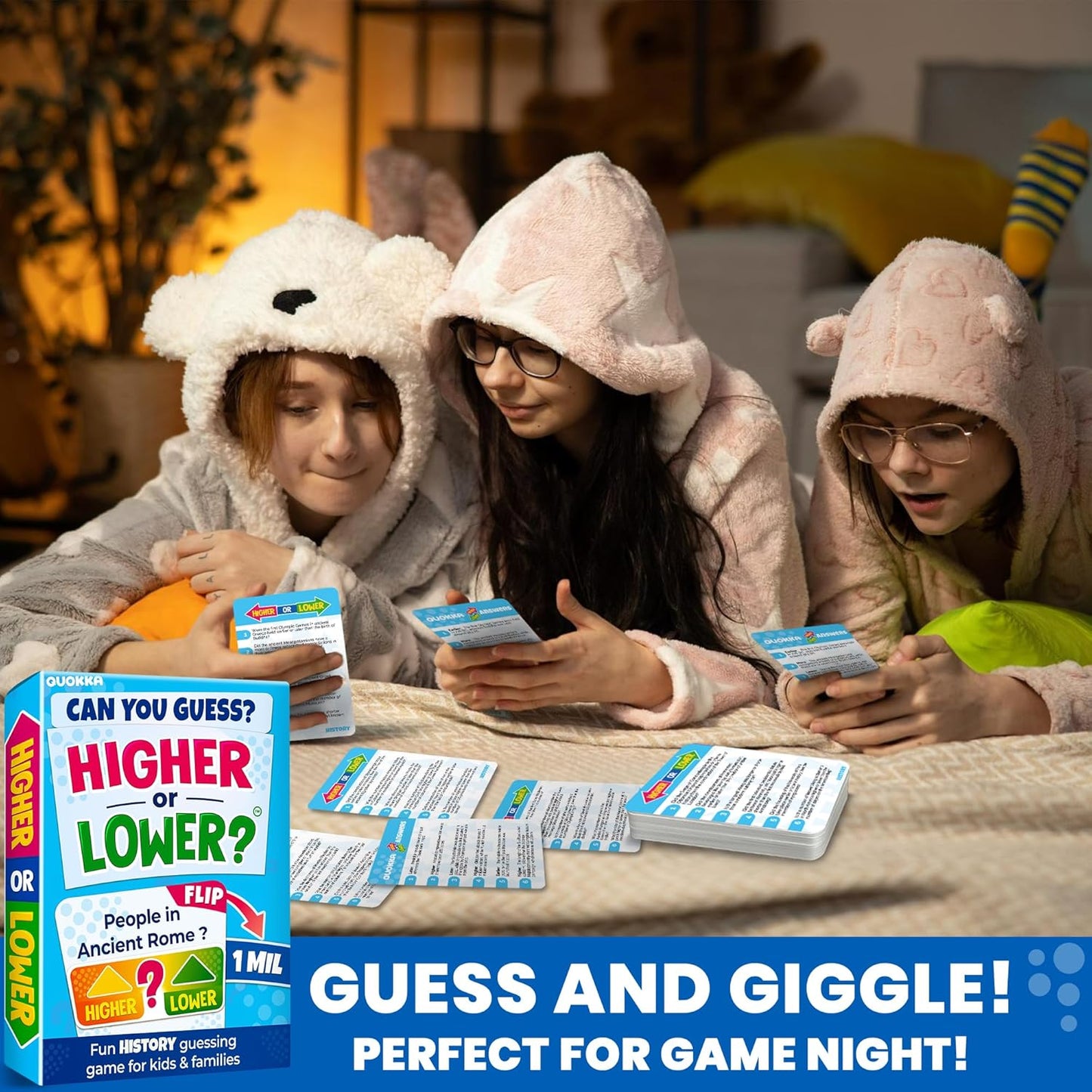 QUOKKA Trivia Board Games for Kids and Adults – Family Board Games for Family Game Night – Higher or Lower Trivia Cards for Kids 8-12 – Guess Fun Questions – Educational Card Game for Families&Teens