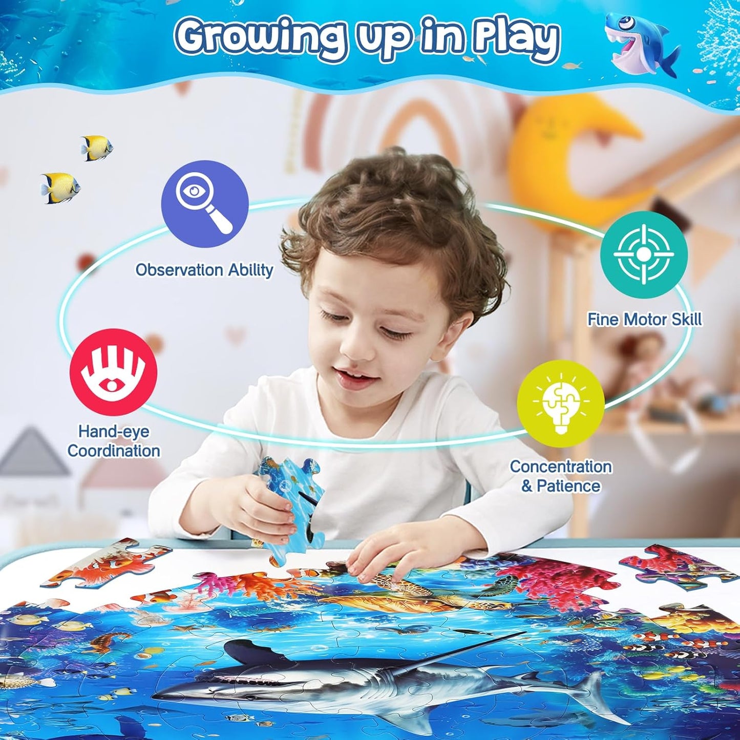 DIGOBAY Underwater Ocean Floor Puzzle for Kids Ages 4-6, Shark Toys for Boys Girls, 70 Pieces Large Jigsaw Shark Puzzles for Kids Ages 3-8, Educational Ocean Animals Toys for Birthday Christmas