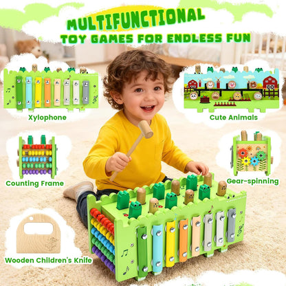 Wooden Baby Activity Cube Montessori Toys for 12+ Months Boys Girls | Hammering Pounding Toys with Abacus, Educational Toddler Activities Toys with Xylophone (Crocodile)