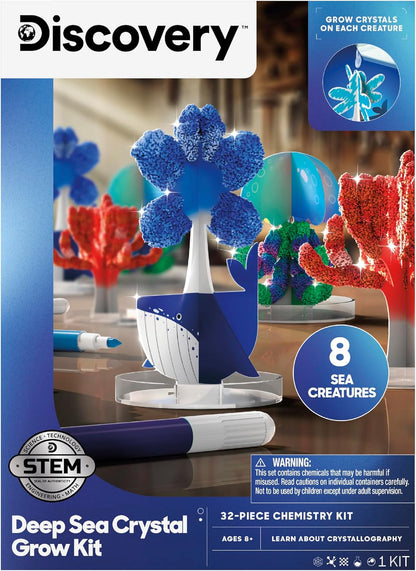 Discovery™ Deep Sea Crystal Grow Kit – 32-Piece STEM Chemistry Lab for Kids| Grow Colorful Crystals on 8 Sea Creatures| Educational Craft Kit with Art Supplies| DIY Science Activity Set Gift| Ages 8+