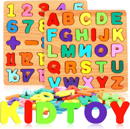 2 Pack Wooden Puzzles, Toddlers Alphabet Number Puzzles, ABC Learning Toys for Kids Ages 3-5, Preschool Learning Activities Gift Set for Boys & Girls