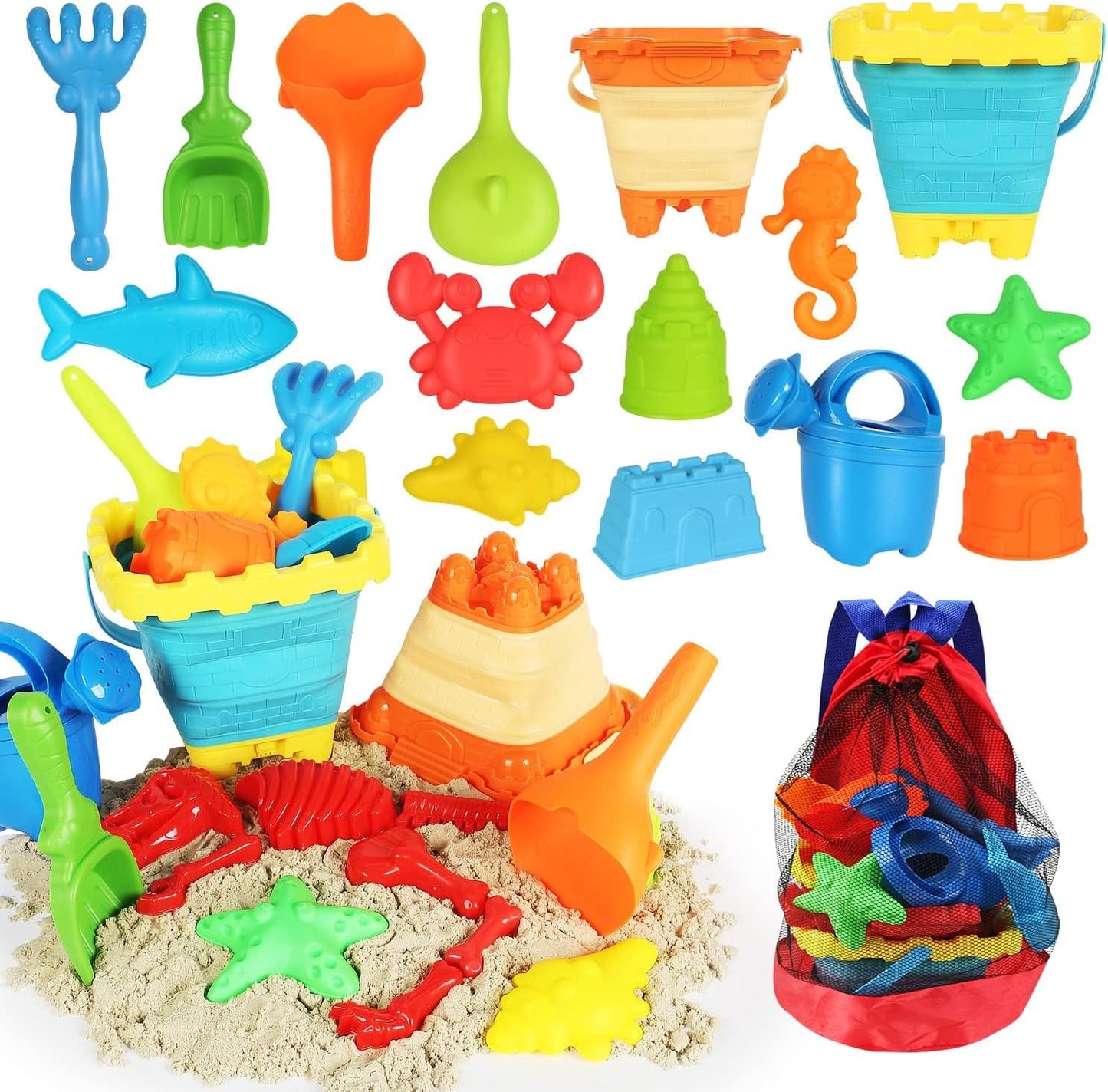 Elovien Beach Sand Toys, Large Dump Truck with Bucket, Sandbox Construction Toy Sand Castle Building Kit with Mesh Bag, Sand Molds, Shovels, Worker Figures, Kids Toddlers Summer Outdoor Travel Toys