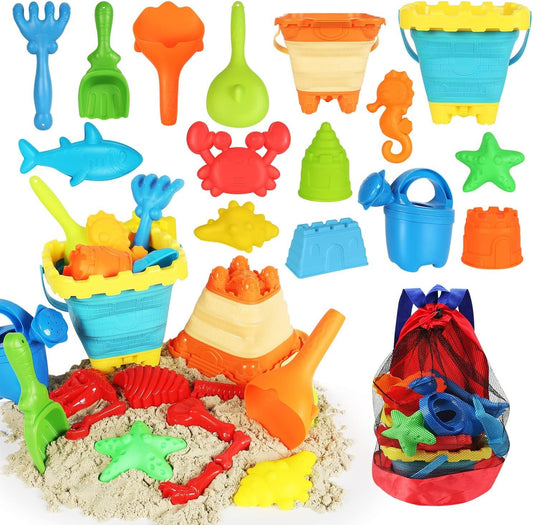 Elovien Beach Sand Toys, Large Dump Truck with Bucket, Sandbox Construction Toy Sand Castle Building Kit with Mesh Bag, Sand Molds, Shovels, Worker Figures, Kids Toddlers Summer Outdoor Travel Toys