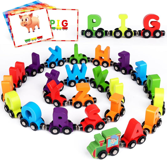Helsort 27 PCS Magnetic Wooden Alphabet Train Set, ABC Learning Toy with 42 Flash Cards, 1 Engine and Storage Bag, Educational Letter Toy Trains for Toddlers, Boys Girls, Ideal Gift for 3-7 Year Olds