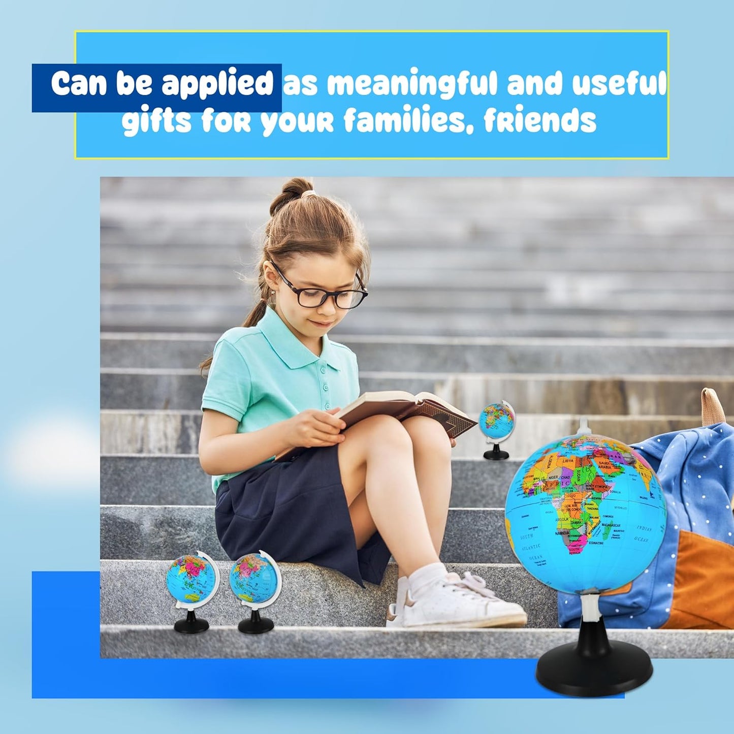 16 Pcs 3.4 Inches Mini World Globes Rotating Geographic Earth Map Globe with Stand for Learning Educational Classroom Desk Table Decoration, Blue