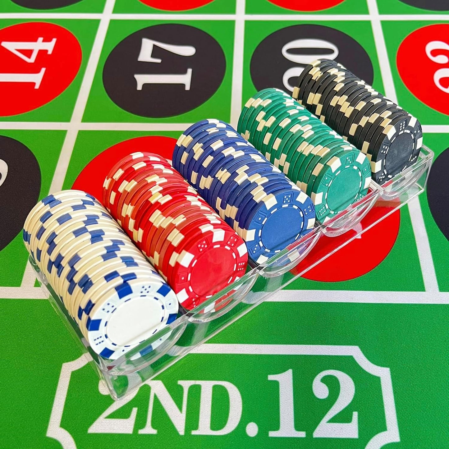 SEETOOOGAMES 100 Pieces 11.5g Clay Composite Dice Striped Casino Poker Chips- 4 Colors (red, Green, White and Blue)