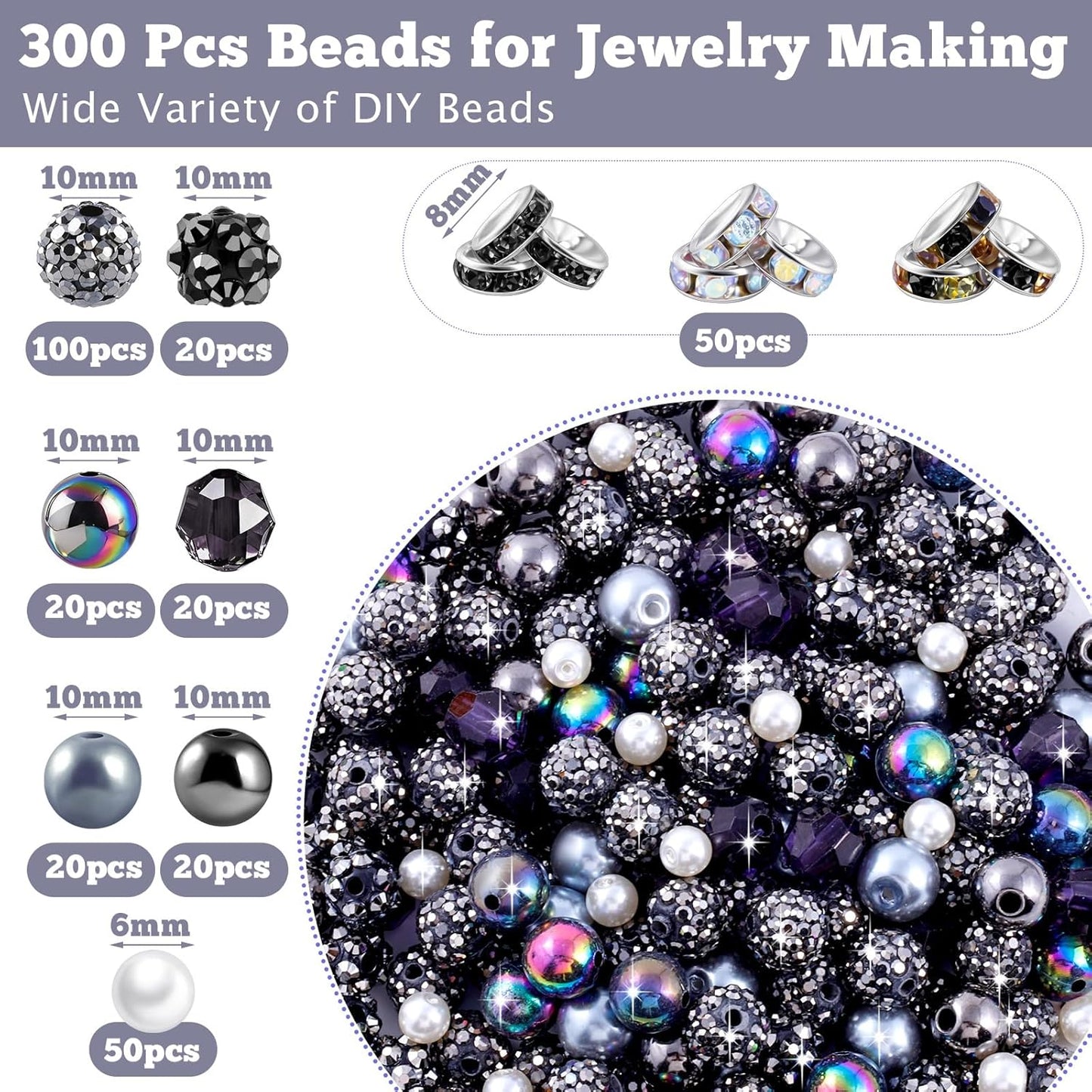 300 Pcs Diamonds Beads for Jewelry Making, Included 10 mm Red Rhinestone Beads for Bracelets, Bubblegum Bead for Pen Making, Pearl and Spacer Bead for Bracelet Necklace Earring Crafting