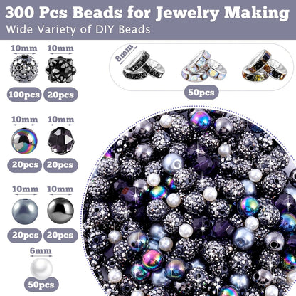 300 Pcs Diamonds Beads for Jewelry Making, Included 10 mm Red Rhinestone Beads for Bracelets, Bubblegum Bead for Pen Making, Pearl and Spacer Bead for Bracelet Necklace Earring Crafting