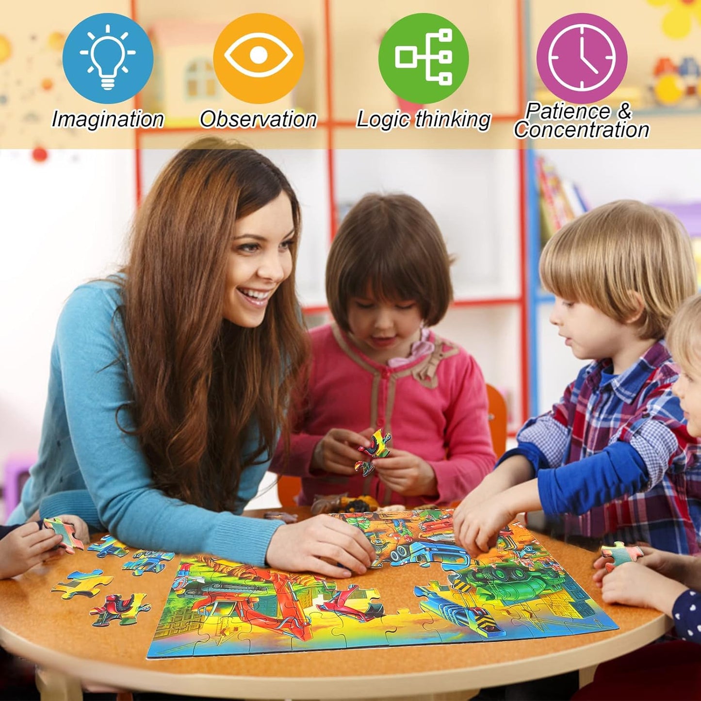 Jigsaw Puzzles for Kids Ages 3-5, 4-8, 6-8 Boys Girls - 60 Piece Construction Site - Large Piece Children Floor Jigsaw Puzzles - Science Educational Toys for 3 4 5 6 7 8 Years Old