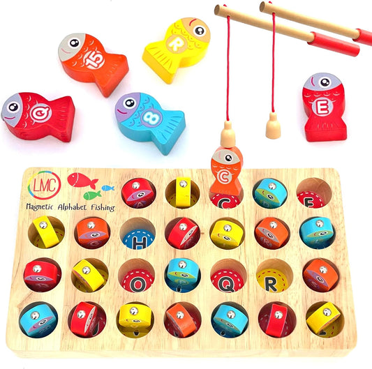 Magnetic Alphabet Fishing Toy - Letters, Numbers, & 2 Fishing Poles - Alphabet & Math Learning Toys - Magnetic Fishing Game for Toddlers Ages 3+, Educational Toys (Wood, 1)